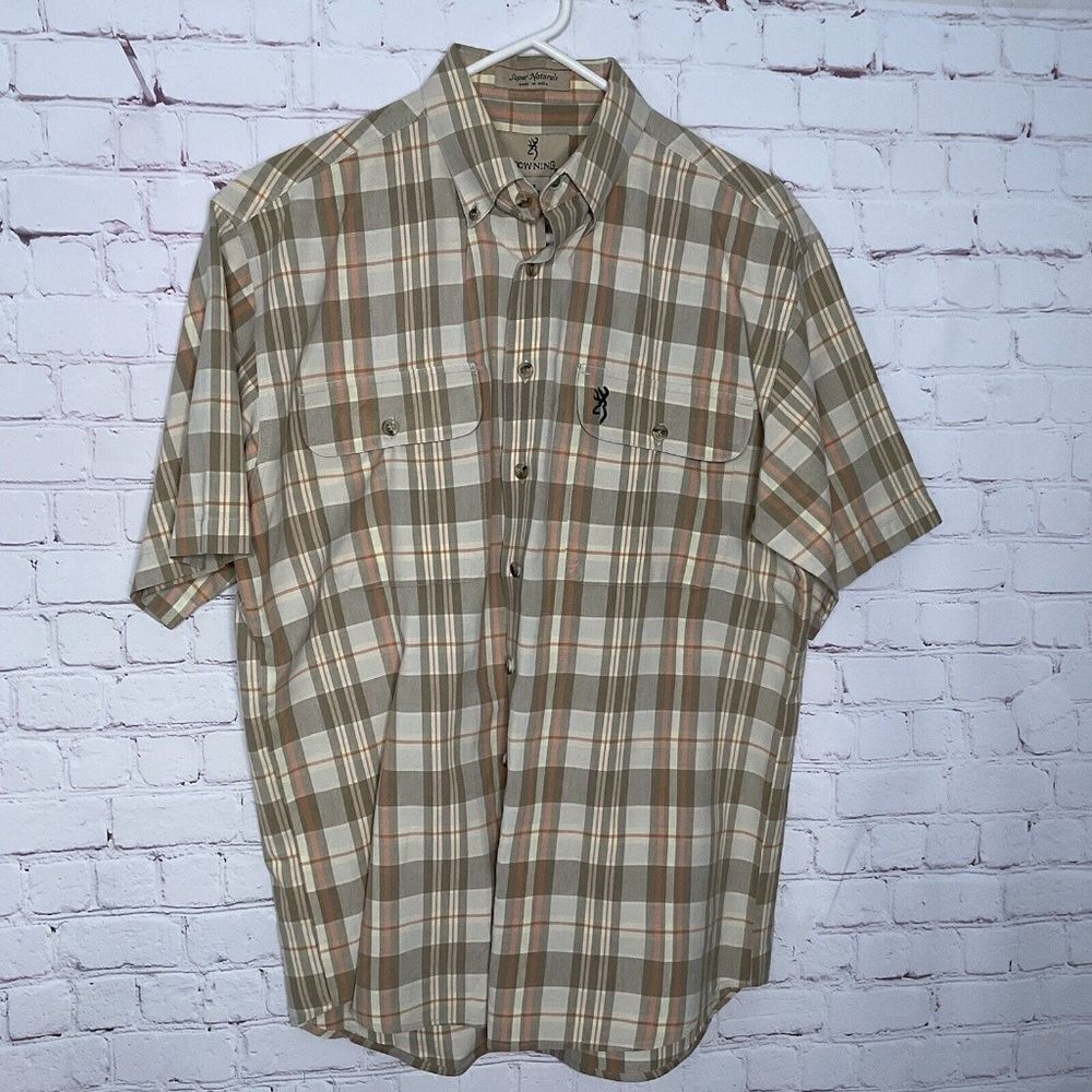 NWOT Browning‎ Super Naturals Men's Green/Cream Button Up Short Sleeve Shirt M